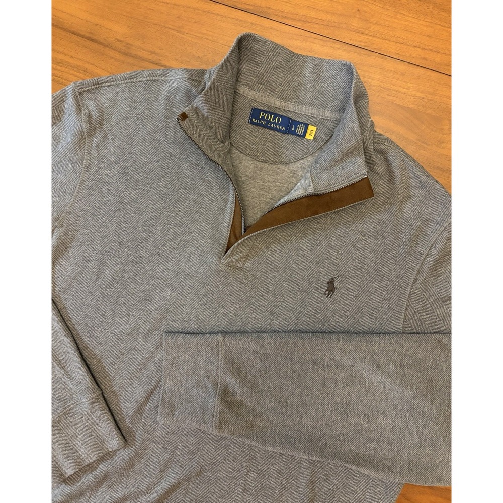 Polo Ralph Lauren Jersey 1/4 Zip Pullover Mens Large Herringbone Gray Suede Trim